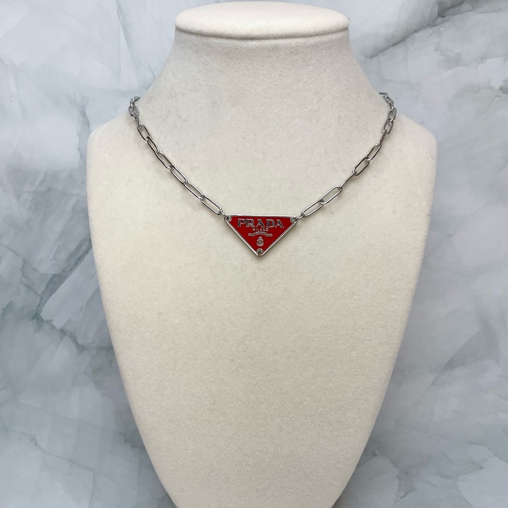 Upcycled Silver & Red Triangle Logo Paper Clip Chain Necklace